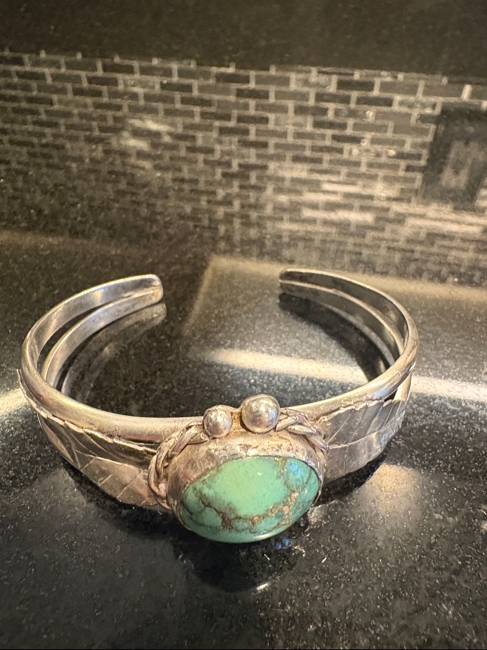 Turquoise Stone Silver Feather Cuff Bracelet - Women Jewelry - Picture 3 of 12